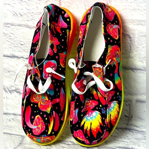 Psychedelic Mushroom Hey Dude Style Shoes, Neon Shoes, Mushrooms, Rave Style - Picture 1 of 8